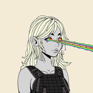 A digital illustration of a blonde woman with a rainbow laser shooting from her eye, wearing a black tactical vest and smoking a cigarette.
