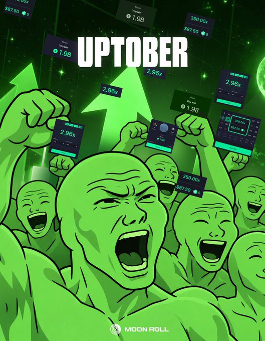 A green-themed promotional graphic for 'UPTOBER' featuring stylized cartoon figures holding up cards with numbers like '2.96x' and '1.98', with a 'MOON ROLL' logo at the bottom.