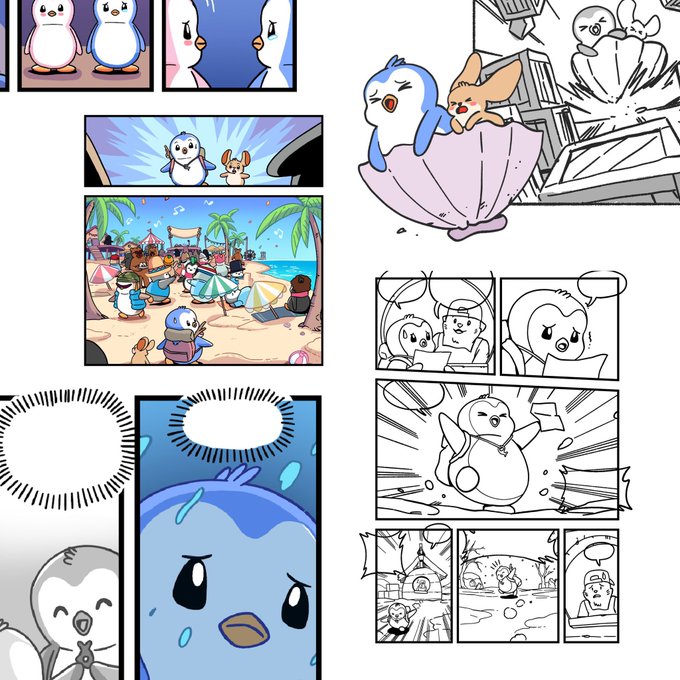 A comic page featuring penguin characters in both colored panels and black-and-white storyboard sketches, including a beach scene.