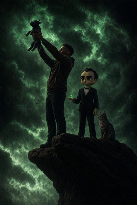 A person holds up a small goat figurine triumphantly on a cliff, standing beside a tuxedo-clad doll and a cat against a stormy green sky—an "I'm holding the bag" scene of defiant optimism that visually echoes the post's rallying cry for $ANSEM to "rise again."