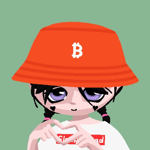A cartoon character with purple eyes wears an orange bucket hat featuring the Bitcoin 'B' logo and forms a heart shape with their hands.