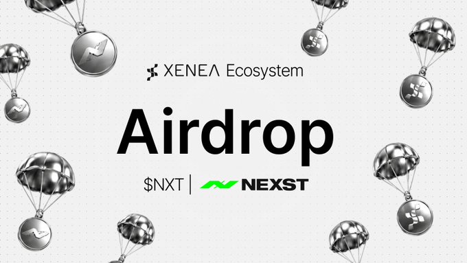 The image features an advertisement for Airdrop, which is a cryptocurrency exchange platform. It showcases a large number of parachutes floating in the air above the text "Airdrop" written in black letters. The parachutes are silver and appear to be made from paper or fabric materials. The background of the image is white with scattered dots, creating an interesting visual effect that highlights the parachutes. The caption below the image reads: "$NXT Airdrop is now being distributed! To the 913 lucky winners who earned NEXST Gems from @NEXST_AI—your $NXT is on the way!".
