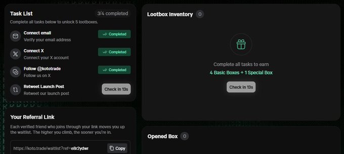 Screenshot of a task list interface (3/4 completed) showing completed tasks for connecting email and X, following @ikotrade, with a 'Retweet Launch Post' task pending a 13-second check-in, alongside a lootbox inventory offering 4 Basic Boxes and 1 Special Box.
