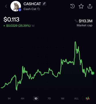 A screenshot of CASHCAT (Cash Cat) crypto chart shows a price of $0.113 with a 25.39% daily gain and $113.3M market cap, displaying a volatile 1D price action that surged then partially retraced—visually illustrating the poster's point about traders dumping after the initial listing pump despite the token still trading higher than their entry point.