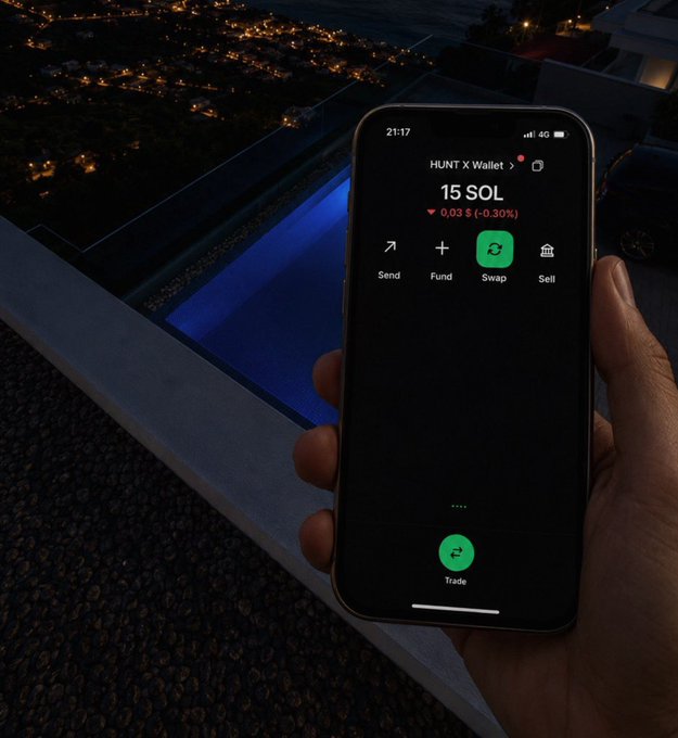 A hand holds an iPhone displaying a "HUNT X Wallet" with a balance of "15 SOL" (down 0.03 or -0.30%), featuring options to Send, Fund, Swap, and Sell. The image appears to be a screenshot (SS) proof of crypto holdings to verify eligibility for the giveaway requiring participants to share their SOL wallets.