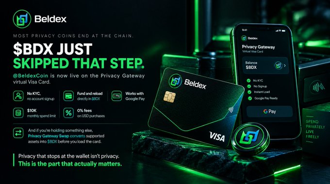 A promotional advertisement for Beldex ($BDX) cryptocurrency featuring a virtual Visa Card called 'Privacy Gateway' on a phone screen and physical card, highlighting features like 'No KYC, no account signup,' '$10K monthly spend limit,' and '0% fees on USD purchases,' with the tagline '$BDX JUST SKIPPED THAT STEP.'