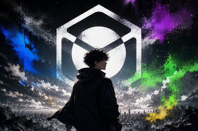 Anime-style illustration of a hooded figure standing before a cityscape with a large hexagonal symbol and colorful paint splatters in blue, purple, green, and yellow.