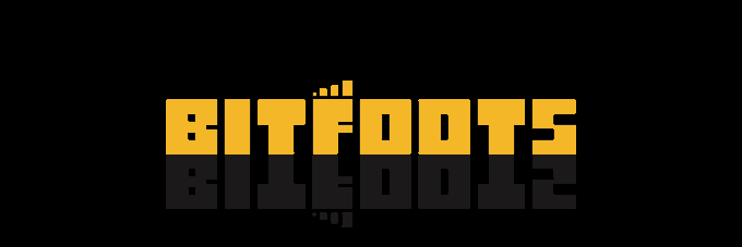 The image displays the "BITFOOTS" logo in bold yellow pixelated lettering with a mirrored reflection below it, set against a black background—reinforcing the NFT/ordinals branding referenced in the post about the 303-supply collection.