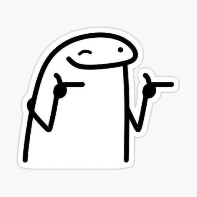 A simple black-and-white line drawing sticker of a cartoon character with an oval head, smiling, and holding what appears to be drumsticks or rods.