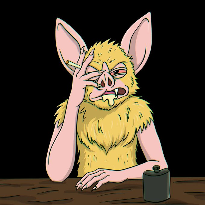 A furry bat-like character with messy yellow fur and drool dripping from its mouth smokes a cigarette while staring at a flask on the table, embodying a "done with everything" energy. The image pairs with "don't overthink it" to humorously suggest the pointlessness of trying to reason or strategize—just lean into the chaotic, fried-brain vibe.