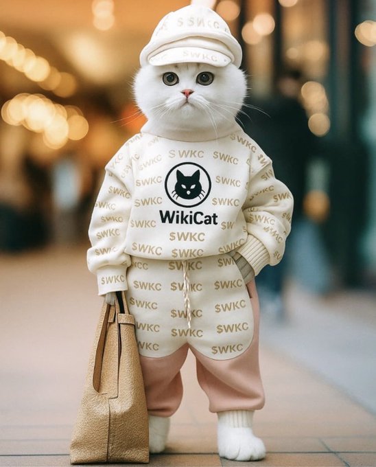 A digital illustration of a white cat dressed in a cream-colored sweater and pink pants covered in 'SWKC' lettering, featuring a 'WikiCat' logo and holding a tote bag.