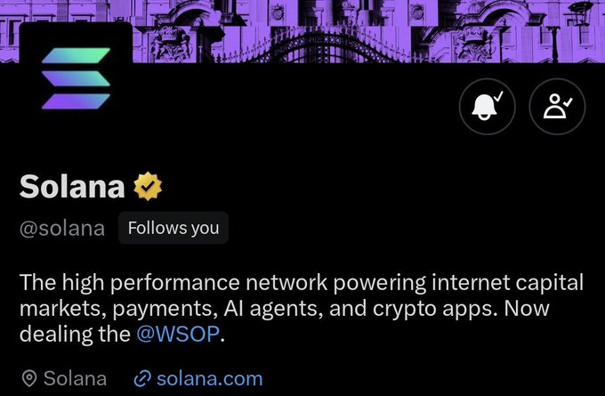 A social media profile for 'Solana' (@solana) with a verified checkmark, described as 'The high performance network powering internet capital markets, payments, AI agents, and crypto apps. Now dealing the @WSOP.'