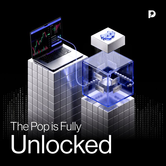 A laptop displaying a green and red stock chart connects via a glowing blue line to a transparent cube filled with data blocks and number-tagged files, with the text "The Pop is Fully Unlocked" against a backdrop of blue text. The imagery visually reinforces the post's announcement of MegaPop launching alongside the PopDEX Open Beta, symbolizing the unlocking of PopDEX's first core rewards system for traders.