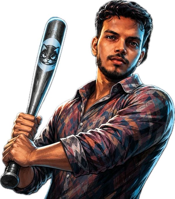 Digital illustration of a bearded man in a plaid shirt holding a baseball bat with a cat face logo on it, rendered in a comic book style.