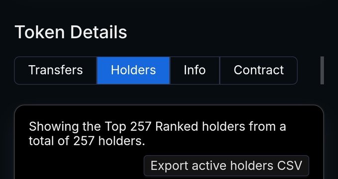 A 'Token Details' interface showing the 'Holders' tab selected, displaying 'Showing the Top 257 Ranked holders from a total of 257 holders' with an 'Export active holders CSV' button.
