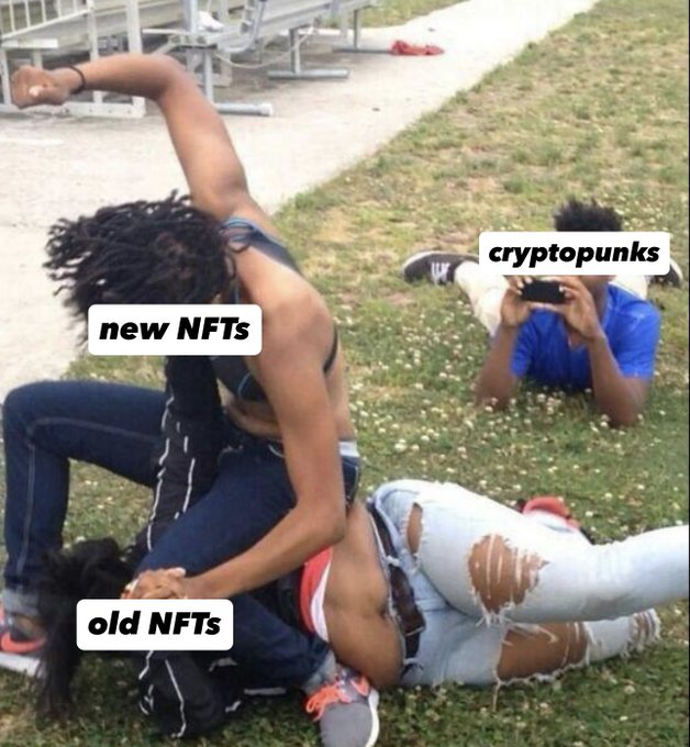 A meme showing a fight scene where "new NFTs" is attacking "old NFTs" while someone labeled "cryptopunks" watches and records the scene.