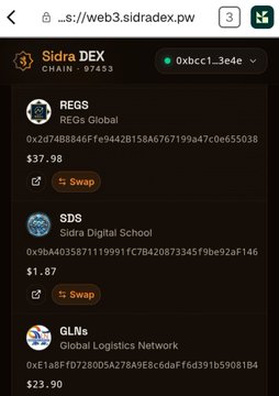 The image shows the Sidra DEX platform displaying token listings including REGS at $37.98 and SDS at $1.87, with Swap buttons. This relates to the post by confirming the $37 price surge of REGS (ticker matching), though the image actually shows SDS rather than SDA, and lists additional tokens like GLN at $23.90 on the Sidra Chain 974533.