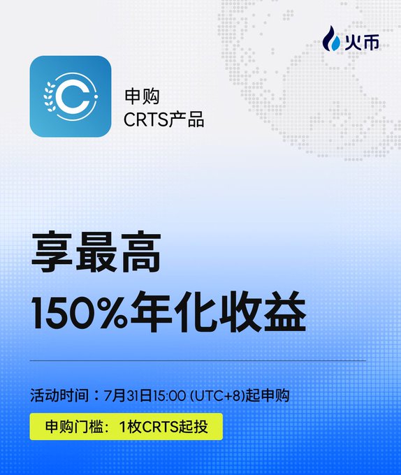A promotional advertisement from 火币 (Huobi) offers up to 150% annualized returns on subscribing to CRTS products, with the event starting July 31 at 15:00 (UTC+8) and a minimum subscription of 1 CRTS.