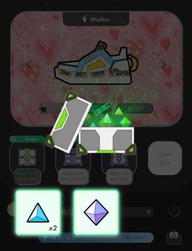 The image shows a screenshot of a mobile game, where two different activities are displayed side by side. One is an animated picture of a pair of shoes with hearts surrounding them on the left side, and the other is a video showing someone using these same shoes in a game or activity shown in the second part of the image. The text at the bottom of the post says "StepN" and "StepNGO". Focus on what is in the image and how it relates to the post.