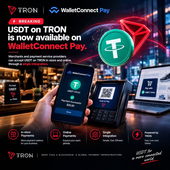 Promotional graphic announcing that USDT on TRON is now available on WalletConnect Pay, featuring text 'BREAKING', 'USDT on TRON is now available on WalletConnect Pay', and icons highlighting in-store and online payments with single integration.