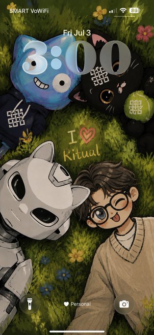 An iPhone lock screen displaying the time 3:00 on Friday, July 3, with a wallpaper showing illustrated plush toys and a person lying in grass, plus an 'I ❤ Kitul' text decoration.