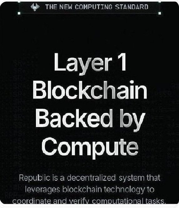 A promotional graphic reading 'THE NEW COMPUTING STANDARD' featuring 'Layer 1 Blockchain Backed by Compute' and describing Republic as a decentralized system leveraging blockchain technology to coordinate and verify computational tasks.