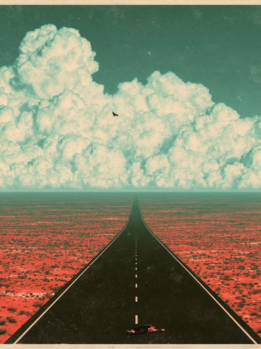 A surreal landscape illustration shows a long asphalt road stretching through a red desert toward massive teal and white clouds, with a small figure lying on the pavement in the foreground.
