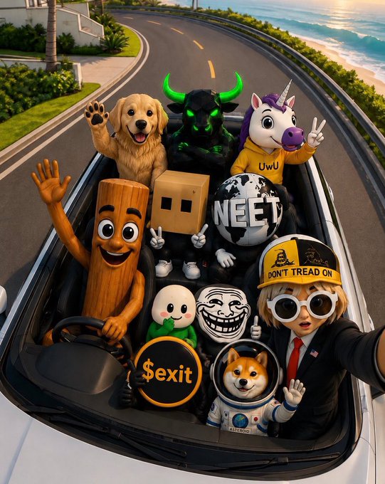 A chaotic scene of internet meme characters, a golden retriever, and figures in a convertible driving along a coastal road, with visible text including "NEET," "UwU," "DON'T TREAD ON," and "$exit." The image humorously represents the crowded, meme-driven speculation of the crypto market as the post announces the search for the next billion-dollar runner.