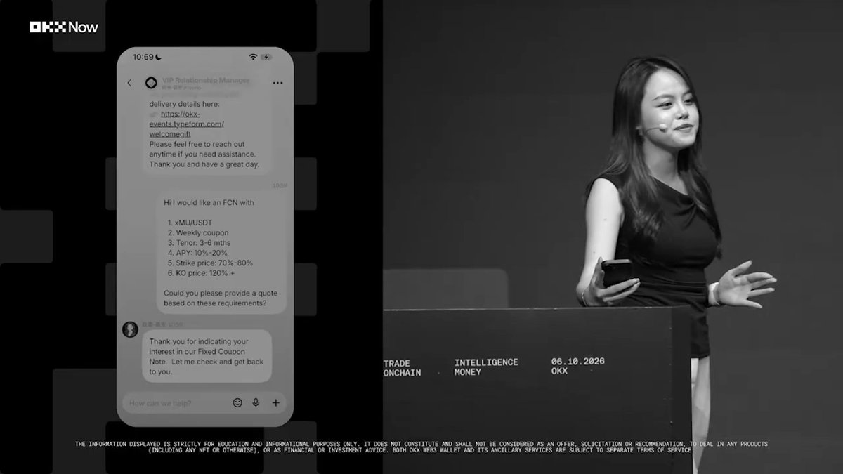 A woman speaks on stage at the "OKX Now" event (dated 06.10.2026) beside a large projection of an iMessage screenshot showing a VIP Relationship Manager from "OKX VIP Group" working with a client named "Jhon" to tailor a Fixed Coupon product with specific parameters including a $1M/USDT weekly coupon, 3-6 month tenor, APY of 10%-20%, strike price of 70%-80%, and KO price of 120%. The image illustrates the high-touch, personalized approach mentioned in the caption, showing how VIP relationship managers engage directly with clients to understand their requirements before providing customized quotes.