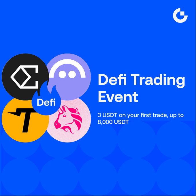 A promotional banner for a "DeFi Trading Event" on a blue background features icons representing DeFi, a bull, and the letters "C" and "T," offering 3 USDT on a first trade and up to 8,000 USDT in rewards for trading top DeFi futures pairs like $ENA, $AAVE, $UNI, and $TUT.