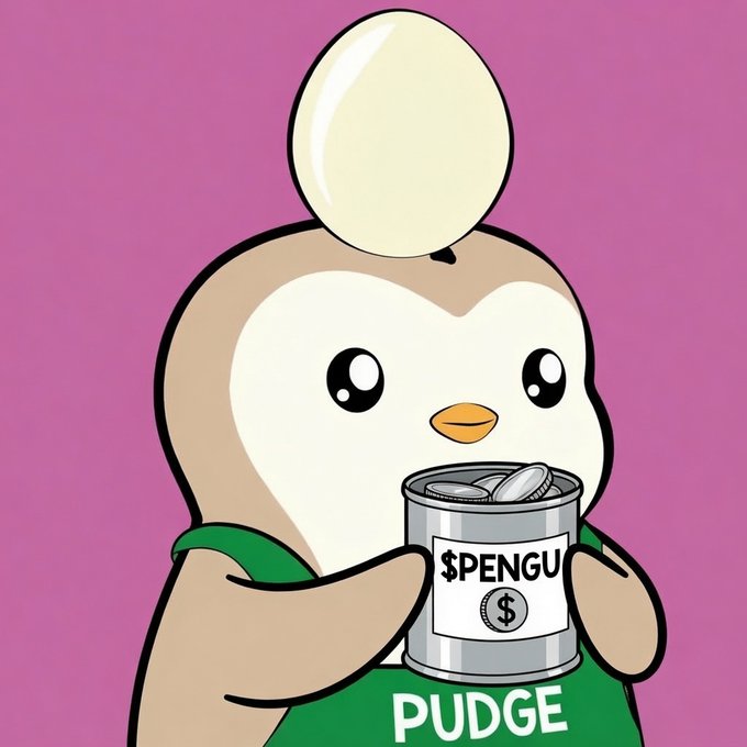 A cartoon penguin character named 'PUDGY' wearing a green apron holds a tin can labeled '$PENGU' filled with coins against a pink background.