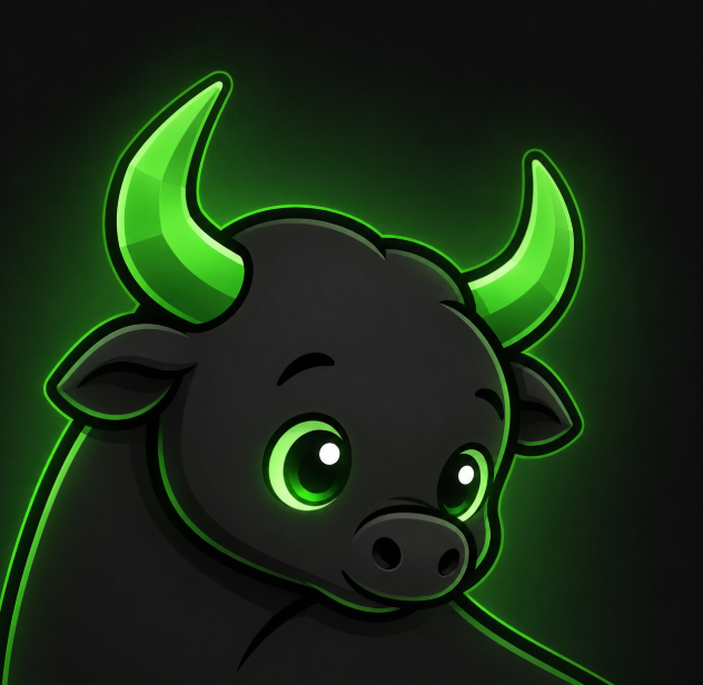 A cute cartoon black bull with glowing green horns and eyes on a dark background.