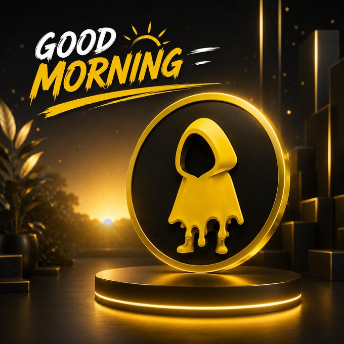 The image features a sleek "GOOD MORNING" graphic in bold yellow brushstroke text alongside a glowing 3D golden hooded figure emblem displayed on an illuminated pedestal. The luxurious dark and gold aesthetic, paired with the celebratory "Happy Weekend" caption and @motiontip's mention, reinforces a polished, high-energy brand presence welcoming the community to enjoy their day while promoting Motion's TipFi layer on Robinhood Chain.