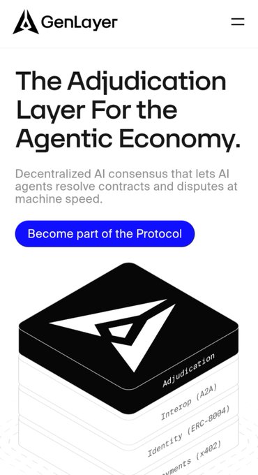 A website screenshot for GenLayer featuring the headline 'The Adjudication Layer For the Agentic Economy,' with a description about decentralized AI consensus and a 'Become part of the Protocol' button above a layered 3D graphic.