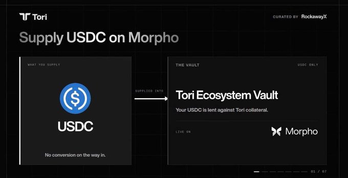 The image displays a slide titled "Supply USDC on Morpho," showing a supply flow where USDC is deposited into the "Tori Ecosystem Vault" on Morpho, described as "USDC only" where "Your USDC is lent against Tori collateral," curated by RockawayX.

This visual illustrates the post's point about a lower-risk entry into Tori points, showing that supplying USDC into the Tori Ecosystem Vault on Morpho exposes users only when their position moves against them, unlike direct holding or leveraged looping strategies.