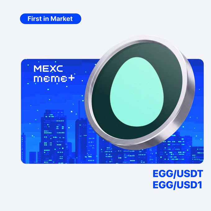 A promotional graphic for the MEXC Meme+ listing of $EGG (EggOnHyper), featuring a glowing mint-green egg in a metallic frame against a pixelated blue cityscape, with "First in Market" badge and EGG/USDT and EGG/USD1 trading pairs displayed. The visual matches the post announcing $EGG's debut listing on MEXC, emphasizing its status as a first-to-market meme token offering.