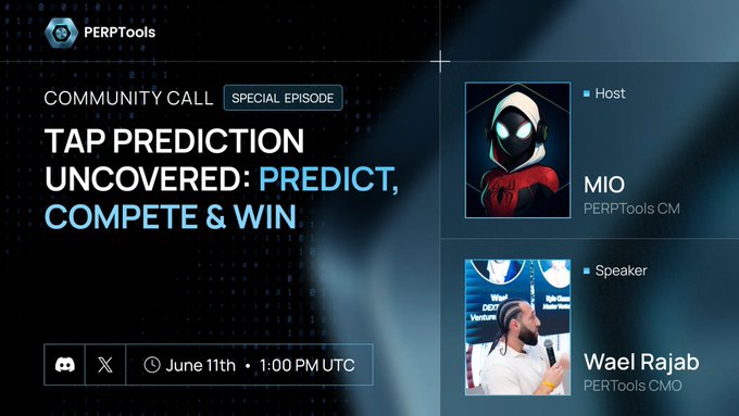 The image features a poster for a community call that will take place on Saturday, June 11th at 1:00 PM. The poster includes two images of people wearing headphones, with one person holding a microphone. The text on the poster announces a special community call where attendees can expect to learn about new updates from PERPTools and a preview of what's coming next in the series.