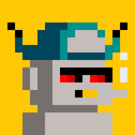 A pixel art character with blue hair, red glowing eyes, and a gray and white outfit stands against a solid yellow background.