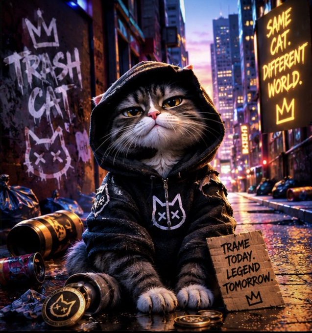 An artistic rendering of a fluffy cat in a black hoodie sitting in a graffiti-covered urban alley with a cardboard sign reading 'TRAME TODAY. LEGEND TOMORROW.' and 'TRASH CAT'/'SAME CAT. DIFFERENT WORLD.' graffiti.
