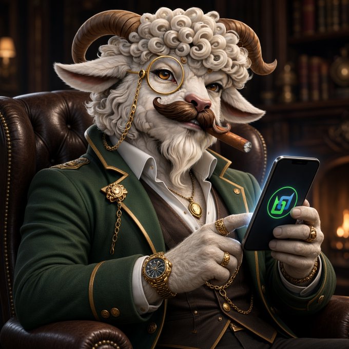 A digital artwork of an anthropomorphic goat or ram character with curly white hair, horns, a monocle, and a mustache, wearing a green jacket and smoking a cigar while using a smartphone displaying a green logo.