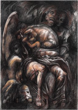 A dark, expressionistic charcoal or pastel drawing depicting an abstract, huddled mass of intertwined figures rendered in heavy black tones with subtle flesh highlights.
