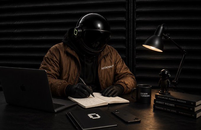 A helmeted “ASTRONAUT” writes in a notebook at a dark desk beside a laptop, lamp, and stack of finance books, while a mug reads “DEGEN TERMINAL” and “DISCIPLINE EQUALS FREEDOM.” The image visually frames the post’s GM and degen traders’ DEGEN Terminal town hall as a disciplined, moon-mission-style gathering.