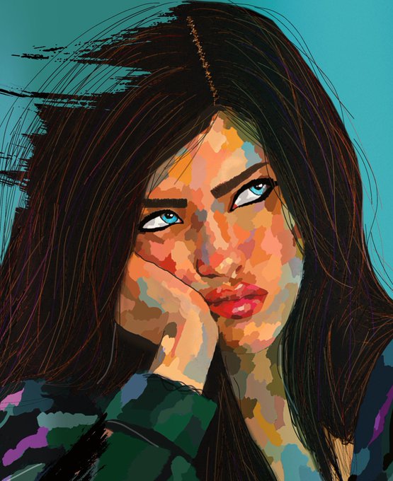 A stylized digital portrait artwork of a woman with long dark hair and striking blue eyes, depicted in a colorful, painterly pop-art style.