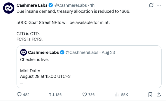 A tweet from @CashmereLabs announcing that due to insane demand, treasury allocation is reduced to 1666, with 5000 Goat Street NFTs available for mint, noting GTD is GTD and FCFS is FCFS, with a quoted tweet showing mint date August 28 at 15:00 UTC+3.