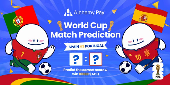 A promotional graphic for Alchemy Pay's World Cup Match Prediction contest featuring cartoon characters representing Spain (wearing #7 jersey with the Portuguese flag) and Portugal (wearing #10 jersey with the Spanish flag), with text reading "SPAIN VS PORTUGAL" and "Predict the correct score & win 10000 $ACH." The image illustrates the "Iberian Derby" tweet by showcasing the playful, mixed-up presentation of the two football rivals in a lighthearted score-guessing game promotion.
