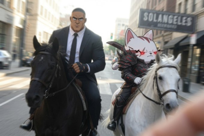 A digitally composed image of a stern man in a suit riding a black horse alongside an anime-style white cat warrior in armor on a white horse in front of a 'SOLANGELE$' store.