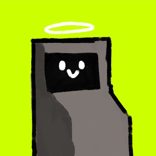 A cartoonish gray machine with a smiling face on a dark screen and a white halo floats against a neon green background. The image ties to the post's "SHOW ME YOUR MACHINES" theme, depicting an anthropomorphized, angelic machine—likely referencing a popular NFT collectible character—celebrating over $1.1M in trading volume on OpenSea.