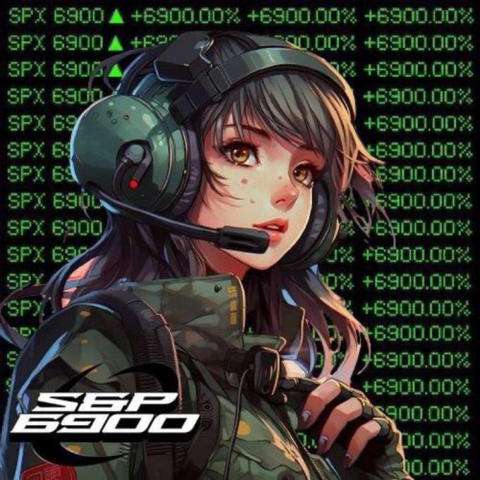 An anime-style illustration of a female soldier wearing a headset, set against a background of green stock ticker text showing 'SPX 6900' with '+6900.00%' gains.