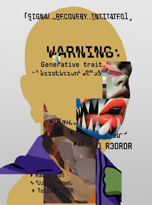 A digital collage featuring a silhouette with code snippets reading 'SIGNAL_RECOVERY.INIT' and 'WARNING: Generative trait distribution off 3°', along with distorted images of teeth and lips.