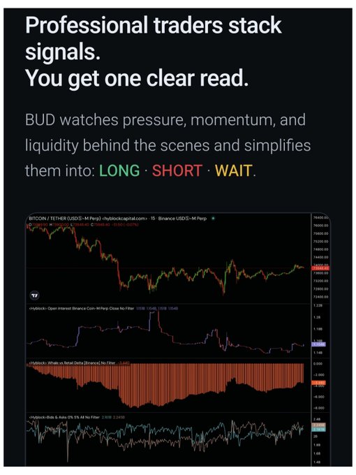 An advertisement graphic reading 'Professional traders stack signals. You get one clear read. BUD watches pressure, momentum, and liquidity behind the scenes and simplifies them into: LONG · SHORT · WAIT' above a chart showing BTC/USDT and Open Interest metrics on hyblockcapital.com.